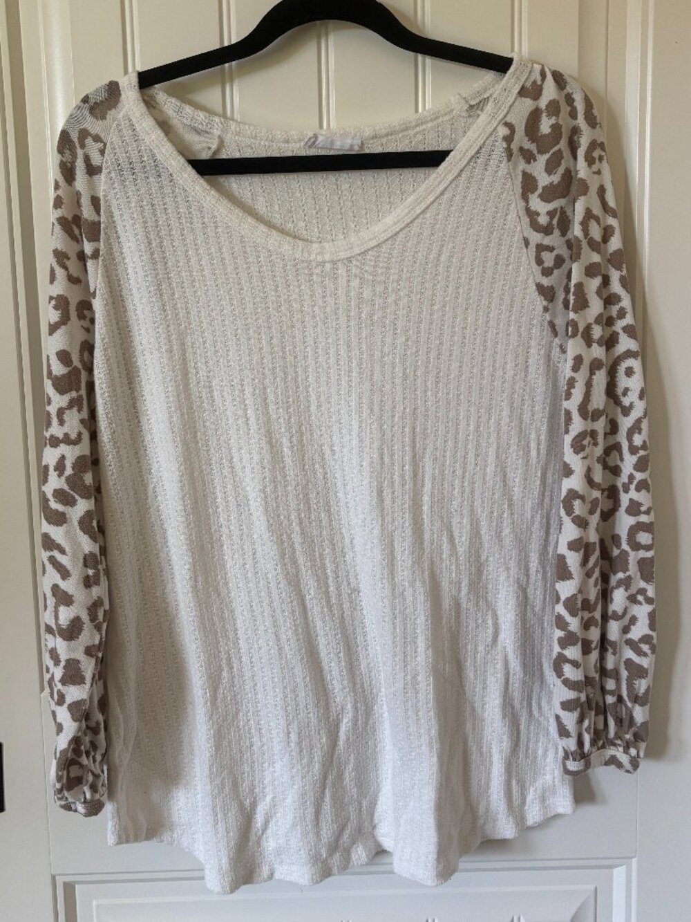 First Love Waffle Knit Long Sleeve Top Leopard Sleeves Fits L